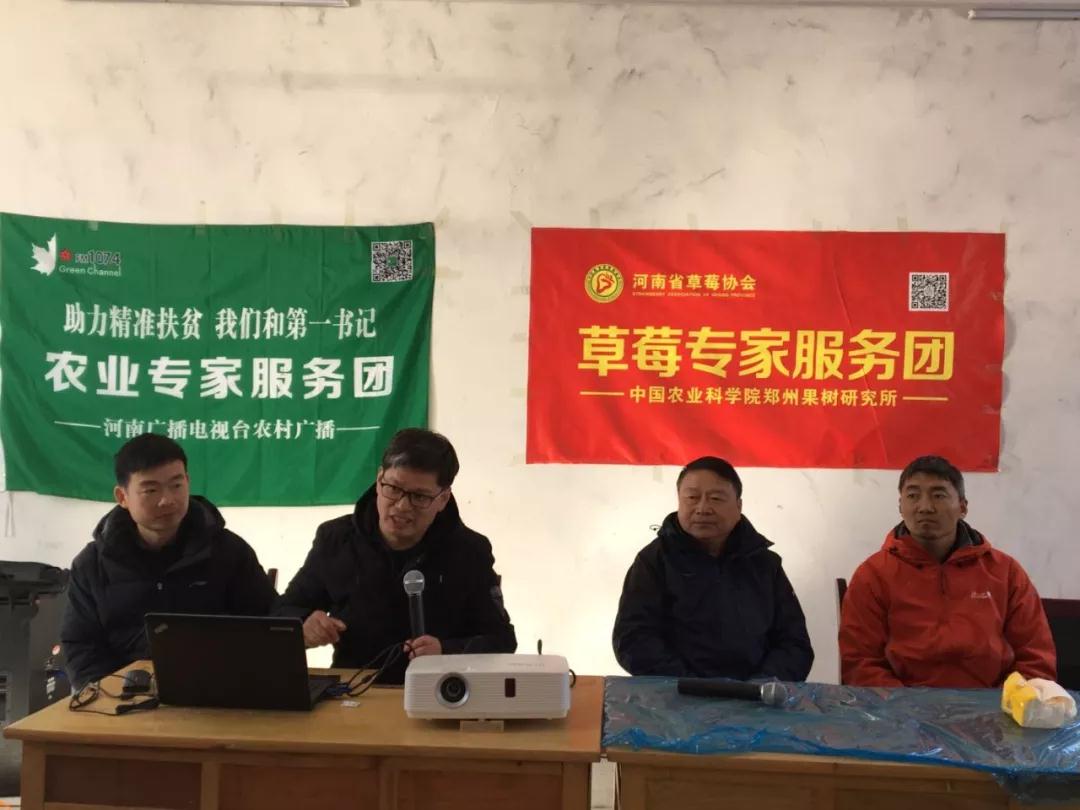 草莓專家團(tuán)周厚成（左二）、李亮杰（左一）、杜小亮（右一）與農(nóng)戶互動(dòng)