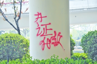 CBD路段的燈桿、公交站牌、垃圾桶、橋梁等均未幸免