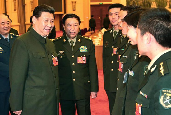 中共中央總書記、中共中央軍委主席習近平出席十二屆全國人大一次會議解放軍代表團全體會議并發(fā)表重要講話。