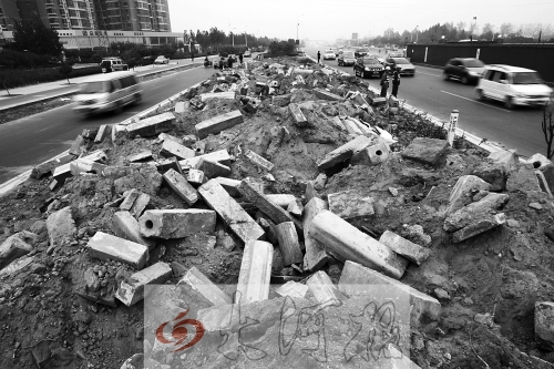 中州大道部分路段，綠化帶成了垃圾場(chǎng)。