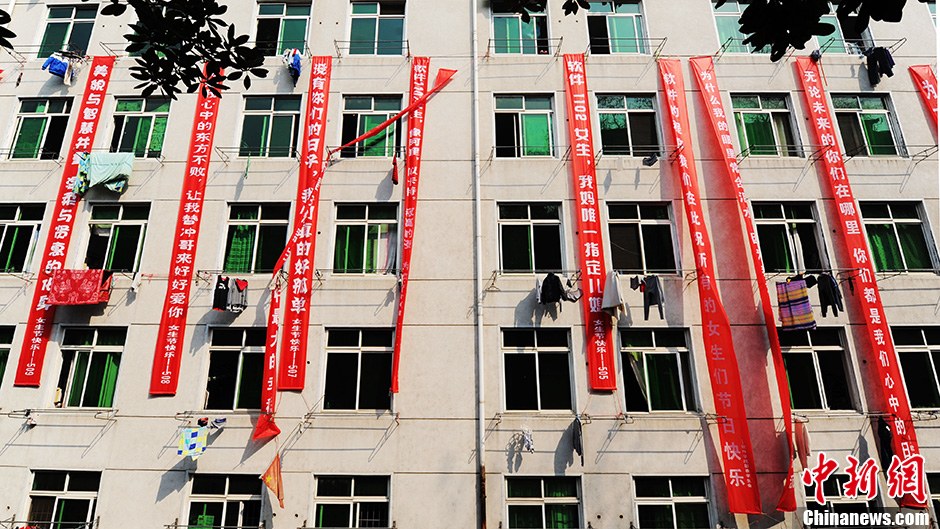 圖為男生宿舍掛起的二十多條橫幅。