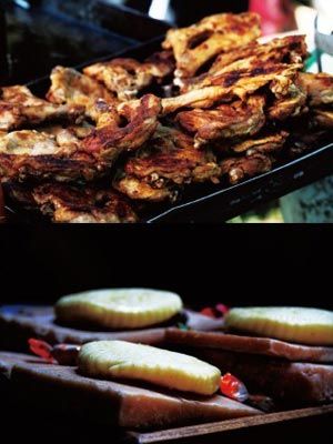 　　草原美食烤肉和奶酪。　