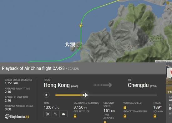  圖片來自航空網(wǎng)站flightradar24，圖顯示飛機(jī)在大澳險(xiǎn)撞山頭