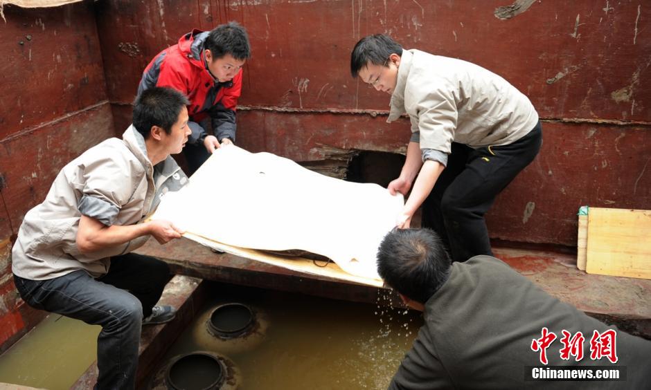 圖為考古現(xiàn)場(chǎng)工作人員小心翼翼將文物取出。