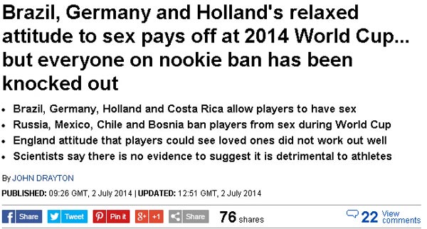 賽前下達(dá)禁欲令的球隊(duì)已經(jīng)全部遭到淘汰 賽前下達(dá)禁欲令的球隊(duì)已經(jīng)全部遭到淘汰