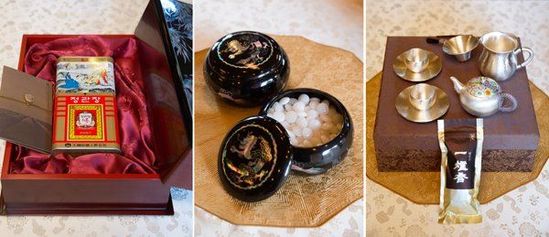 　當?shù)貢r間2014年7月4日，韓國總統(tǒng)樸槿惠向中國國家主席習(xí)近平贈送的紅參和茶具等。