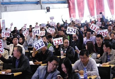 競拍者正在練習(xí)舉牌動作，以便拍賣時讓工作人員看清號牌。