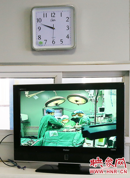 由于扎入大龍顱內(nèi)的針位置較深，所以經(jīng)過七次定位才取出,圖為監(jiān)視器中手術(shù)場景