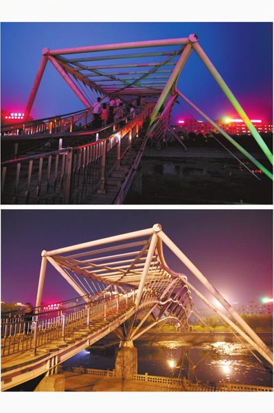 花園路西側(cè)東風(fēng)渠景觀橋，上圖攝于7月31日晚間，下圖攝于10月9日晚間。