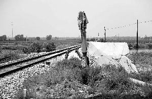 6月30日， 農(nóng)戶用搭建的窩棚和電線桿阻擋了鐵路的施工。新華社發(fā)