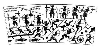 衛(wèi)輝市山彪鎮(zhèn)發(fā)掘出的戰(zhàn)國(guó)水陸攻戰(zhàn)紋銅鑒，上面有古人乘舟水戰(zhàn)的場(chǎng)面。